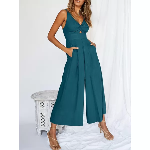 Caracilia Women's 2023 Summer Wide Leg Jumpsuits Adjustable Straps V Neck Cutout Linen Rompers with Pockets