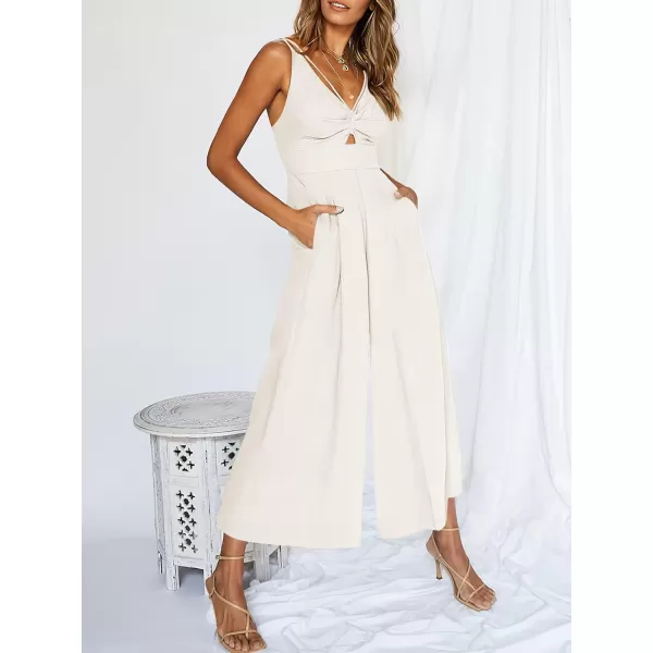 Caracilia Women's 2023 Summer Wide Leg Jumpsuits Adjustable Straps V Neck Cutout Linen Rompers with Pockets
