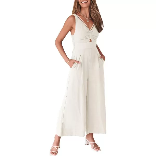 Caracilia Women's 2023 Summer Wide Leg Jumpsuits Adjustable Straps V Neck Cutout Linen Rompers with Pockets