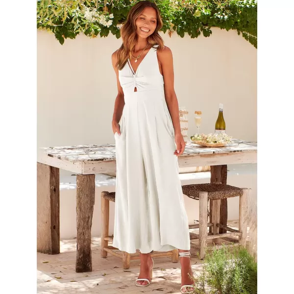 Caracilia Women's 2023 Summer Wide Leg Jumpsuits Adjustable Straps V Neck Cutout Linen Rompers with Pockets