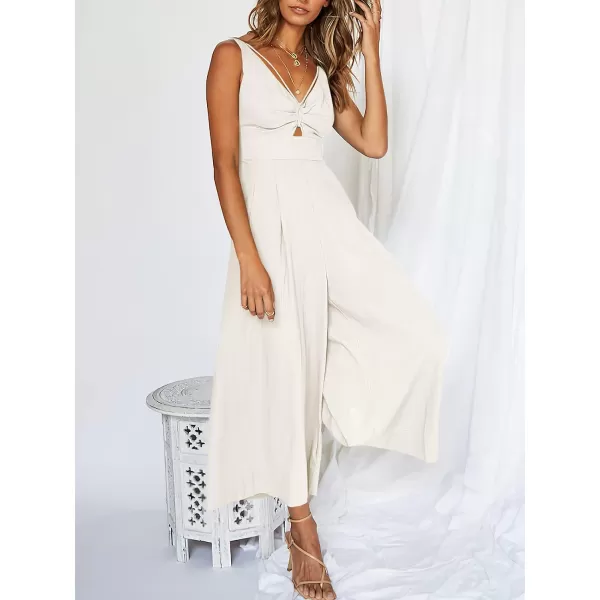 Caracilia Women's 2023 Summer Wide Leg Jumpsuits Adjustable Straps V Neck Cutout Linen Rompers with Pockets