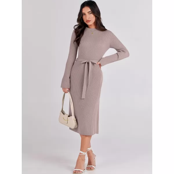 Caracilia Women's Bell Long Sleeve Sweater Dress Turtleneck A Line Bodycon Ribbed Knit Pullover Midi Dresses with Belt
