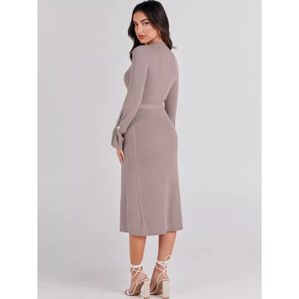 Caracilia Women's Bell Long Sleeve Sweater Dress Turtleneck A Line Bodycon Ribbed Knit Pullover Midi Dresses with Belt
