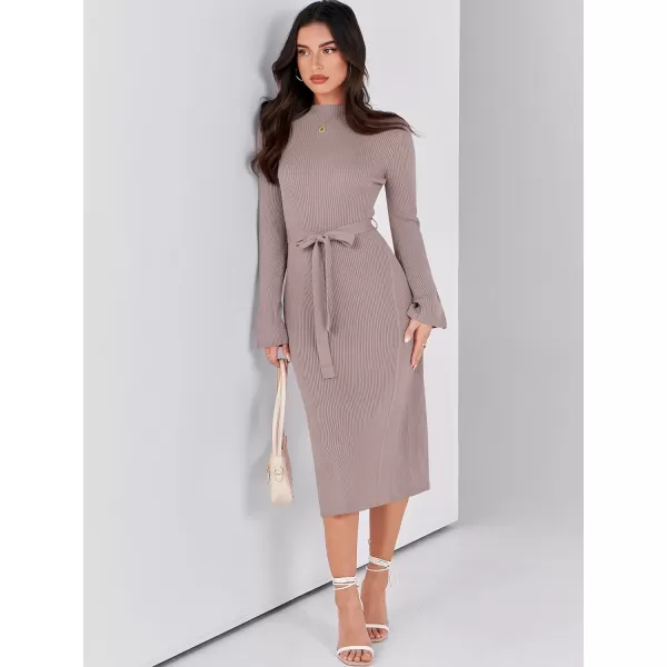 Caracilia Women's Bell Long Sleeve Sweater Dress Turtleneck A Line Bodycon Ribbed Knit Pullover Midi Dresses with Belt