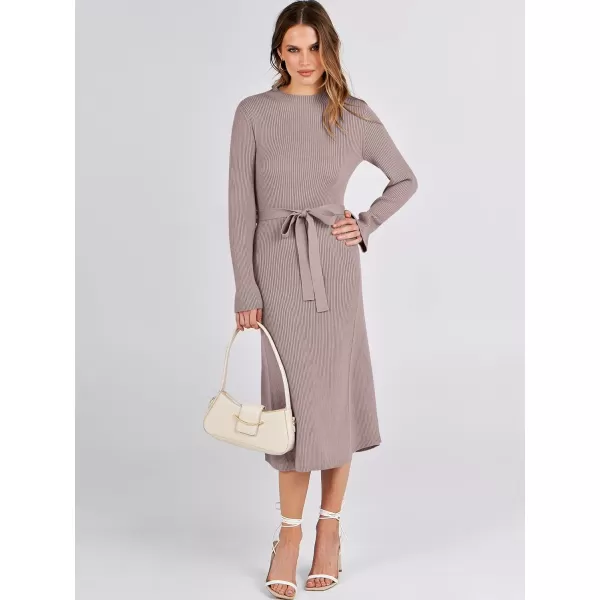 Caracilia Women's Bell Long Sleeve Sweater Dress Turtleneck A Line Bodycon Ribbed Knit Pullover Midi Dresses with Belt