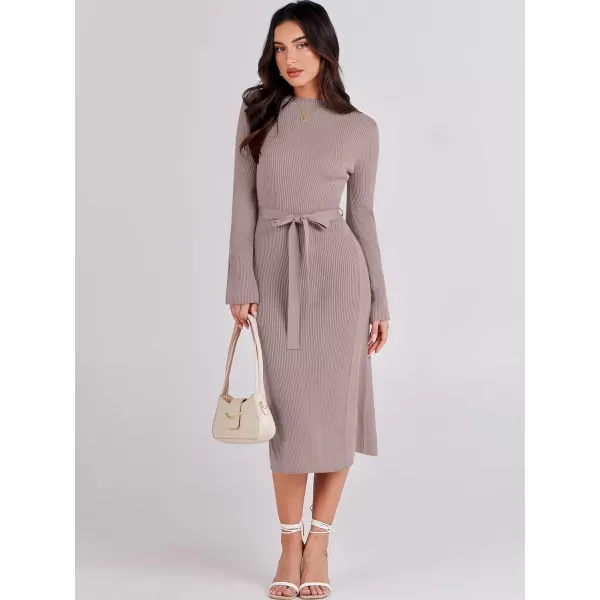 Caracilia Women's Bell Long Sleeve Sweater Dress Turtleneck A Line Bodycon Ribbed Knit Pullover Midi Dresses with Belt