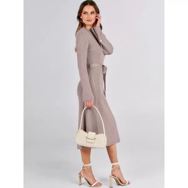 Caracilia Women's Bell Long Sleeve Sweater Dress Turtleneck A Line Bodycon Ribbed Knit Pullover Midi Dresses with Belt