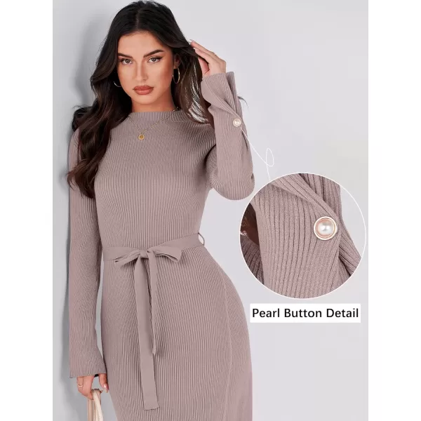 Caracilia Women's Bell Long Sleeve Sweater Dress Turtleneck A Line Bodycon Ribbed Knit Pullover Midi Dresses with Belt
