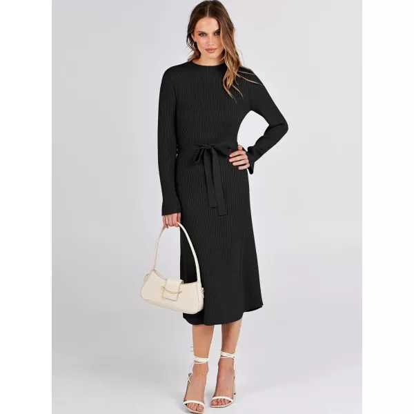 Caracilia Women's Bell Long Sleeve Sweater Dress Turtleneck A Line Bodycon Ribbed Knit Pullover Midi Dresses with Belt