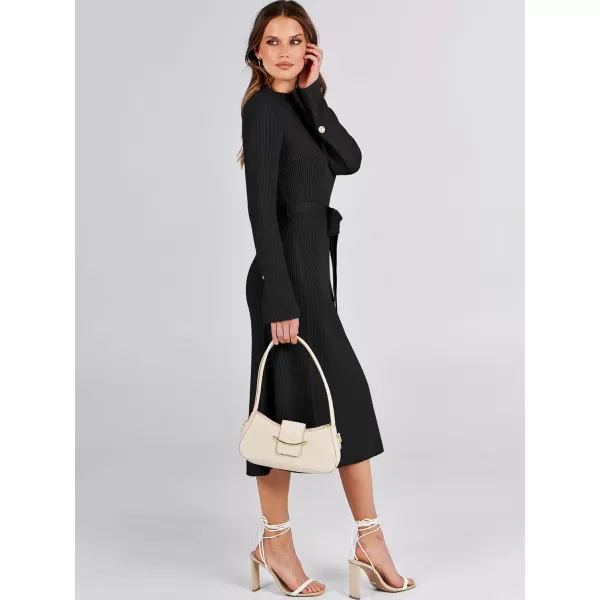 Caracilia Women's Bell Long Sleeve Sweater Dress Turtleneck A Line Bodycon Ribbed Knit Pullover Midi Dresses with Belt