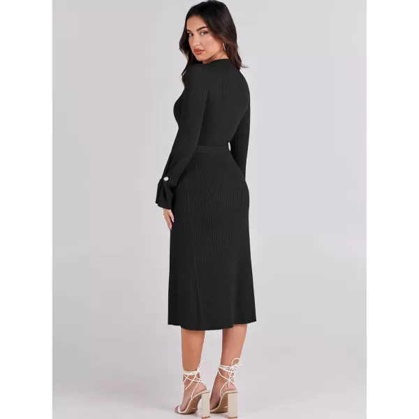 Caracilia Women's Bell Long Sleeve Sweater Dress Turtleneck A Line Bodycon Ribbed Knit Pullover Midi Dresses with Belt