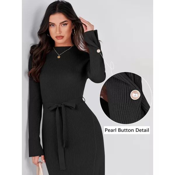 Caracilia Women's Bell Long Sleeve Sweater Dress Turtleneck A Line Bodycon Ribbed Knit Pullover Midi Dresses with Belt