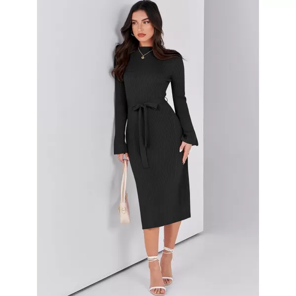 Caracilia Women's Bell Long Sleeve Sweater Dress Turtleneck A Line Bodycon Ribbed Knit Pullover Midi Dresses with Belt