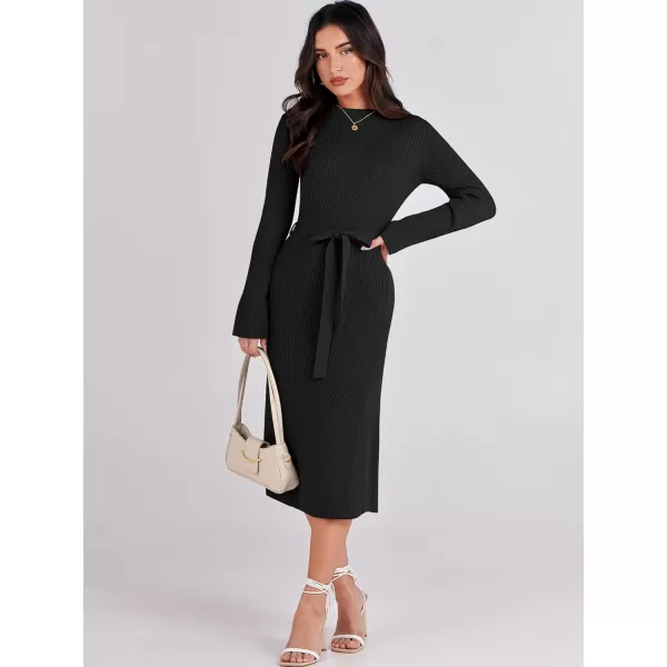 Caracilia Women's Bell Long Sleeve Sweater Dress Turtleneck A Line Bodycon Ribbed Knit Pullover Midi Dresses with Belt