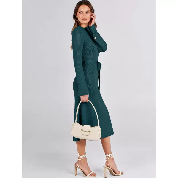 Caracilia Women's Bell Long Sleeve Sweater Dress Turtleneck A Line Bodycon Ribbed Knit Pullover Midi Dresses with Belt