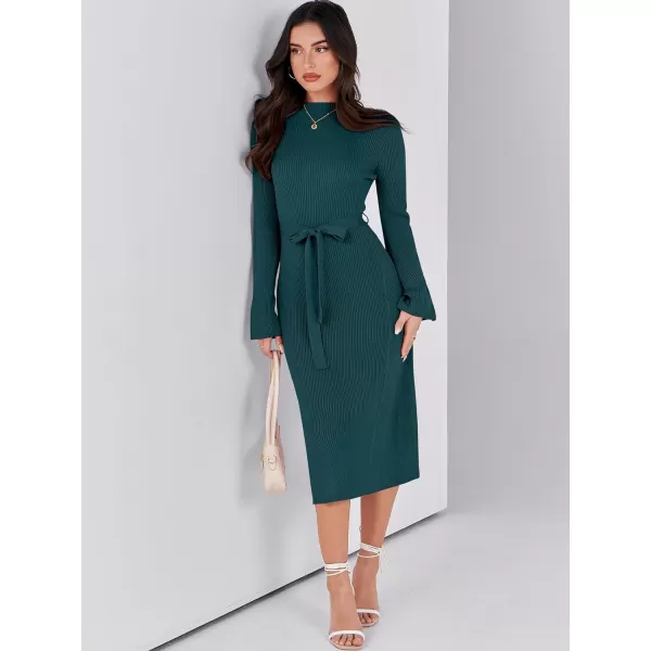 Caracilia Women's Bell Long Sleeve Sweater Dress Turtleneck A Line Bodycon Ribbed Knit Pullover Midi Dresses with Belt