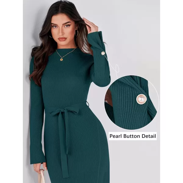 Caracilia Women's Bell Long Sleeve Sweater Dress Turtleneck A Line Bodycon Ribbed Knit Pullover Midi Dresses with Belt