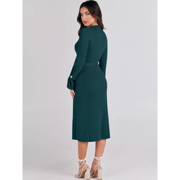 Caracilia Women's Bell Long Sleeve Sweater Dress Turtleneck A Line Bodycon Ribbed Knit Pullover Midi Dresses with Belt