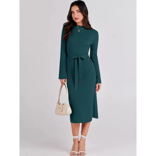 Caracilia Women's Bell Long Sleeve Sweater Dress Turtleneck A Line Bodycon Ribbed Knit Pullover Midi Dresses with Belt