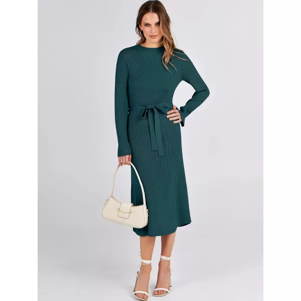 Caracilia Women's Bell Long Sleeve Sweater Dress Turtleneck A Line Bodycon Ribbed Knit Pullover Midi Dresses with Belt