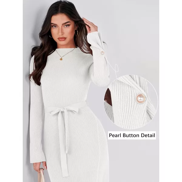 Caracilia Women's Bell Long Sleeve Sweater Dress Turtleneck A Line Bodycon Ribbed Knit Pullover Midi Dresses with Belt