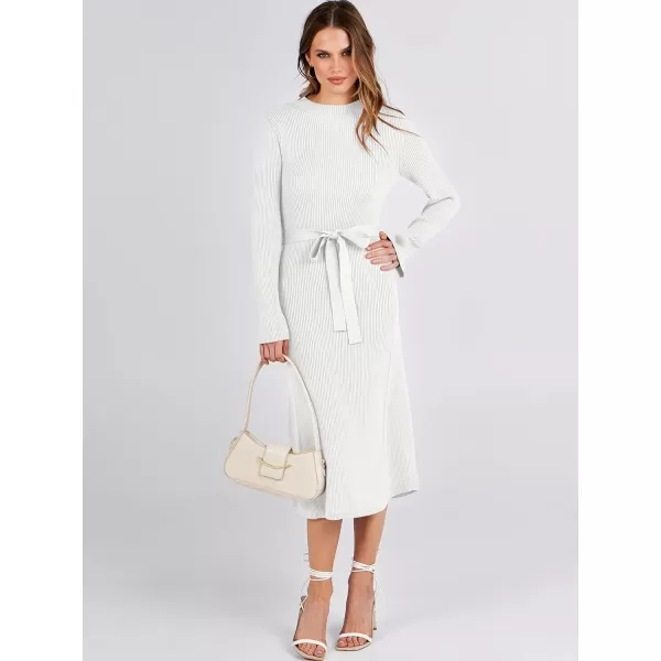 Caracilia Women's Bell Long Sleeve Sweater Dress Turtleneck A Line Bodycon Ribbed Knit Pullover Midi Dresses with Belt