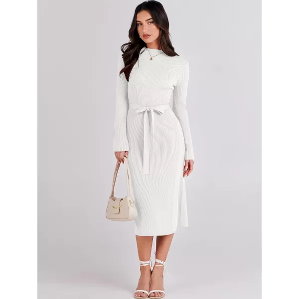 Caracilia Women's Bell Long Sleeve Sweater Dress Turtleneck A Line Bodycon Ribbed Knit Pullover Midi Dresses with Belt