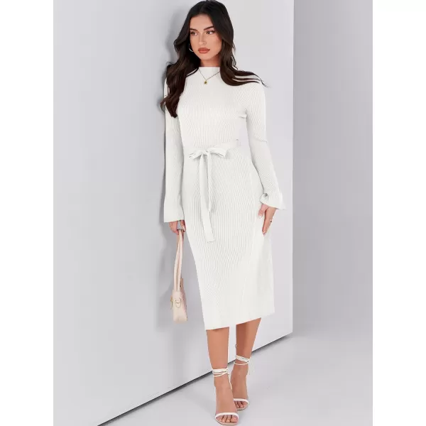 Caracilia Women's Bell Long Sleeve Sweater Dress Turtleneck A Line Bodycon Ribbed Knit Pullover Midi Dresses with Belt
