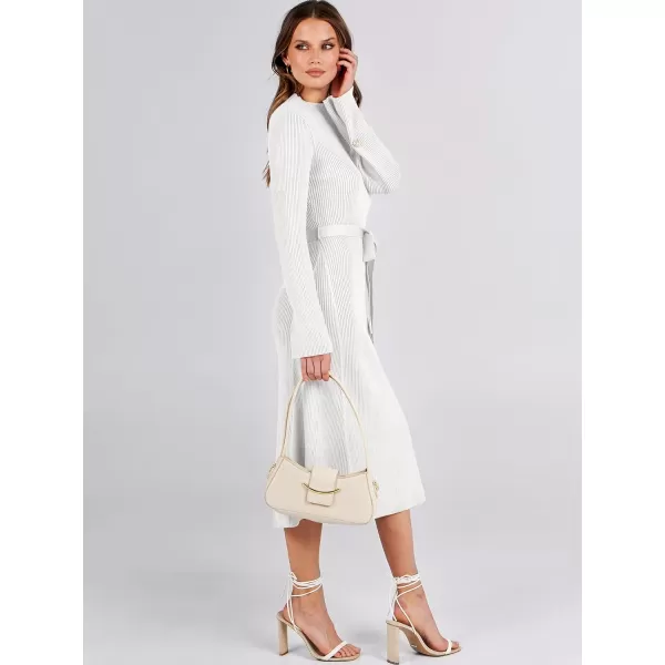 Caracilia Women's Bell Long Sleeve Sweater Dress Turtleneck A Line Bodycon Ribbed Knit Pullover Midi Dresses with Belt