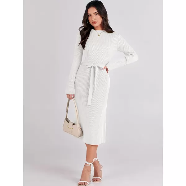 Caracilia Women's Bell Long Sleeve Sweater Dress Turtleneck A Line Bodycon Ribbed Knit Pullover Midi Dresses with Belt