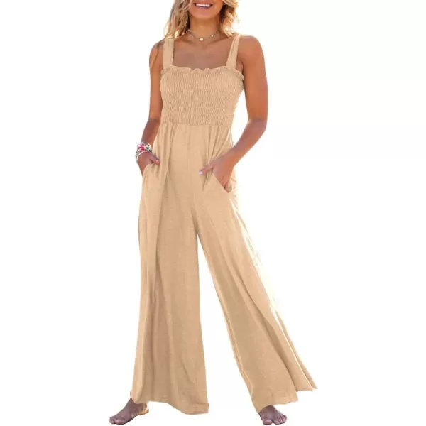 Caracilia Womens Casual Loose Sleeveless Tank Jumpsuits Square Collar Smocked Wide Leg Jumpsuit Rompers with Pockets