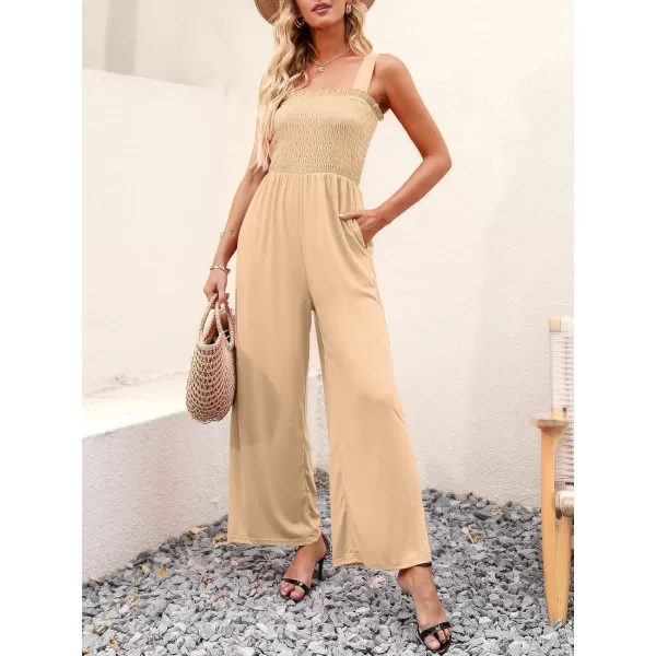 Caracilia Womens Casual Loose Sleeveless Tank Jumpsuits Square Collar Smocked Wide Leg Jumpsuit Rompers with Pockets