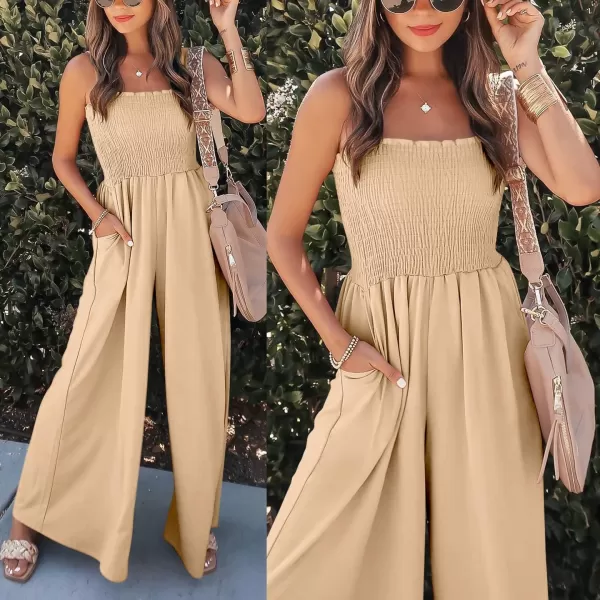 Caracilia Womens Casual Loose Sleeveless Tank Jumpsuits Square Collar Smocked Wide Leg Jumpsuit Rompers with Pockets