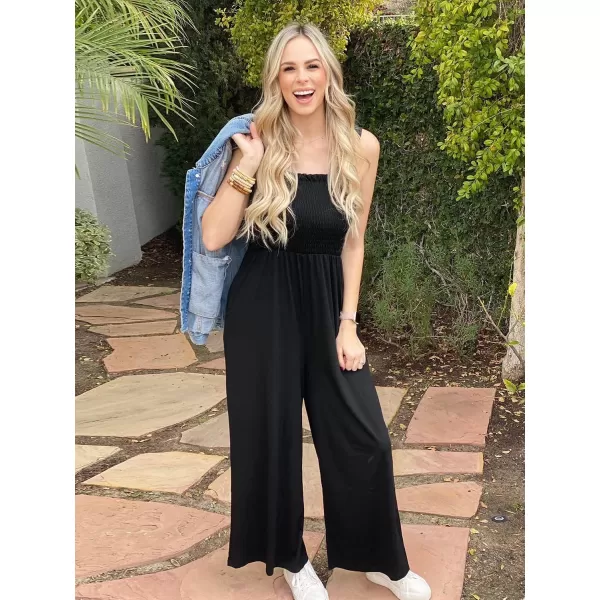 Caracilia Womens Casual Loose Sleeveless Tank Jumpsuits Square Collar Smocked Wide Leg Jumpsuit Rompers with Pockets