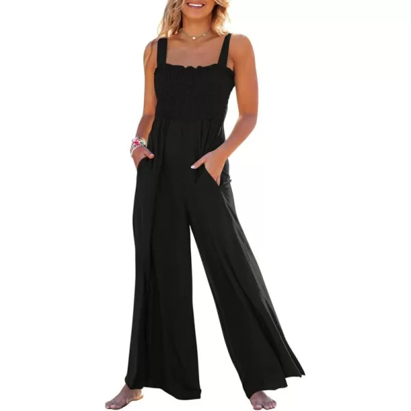 Caracilia Womens Casual Loose Sleeveless Tank Jumpsuits Square Collar Smocked Wide Leg Jumpsuit Rompers with Pockets