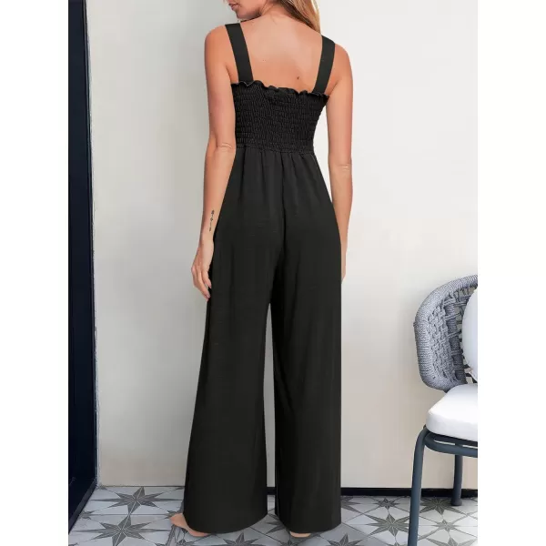 Caracilia Womens Casual Loose Sleeveless Tank Jumpsuits Square Collar Smocked Wide Leg Jumpsuit Rompers with Pockets
