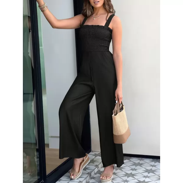 Caracilia Womens Casual Loose Sleeveless Tank Jumpsuits Square Collar Smocked Wide Leg Jumpsuit Rompers with Pockets