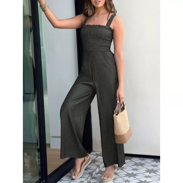 Caracilia Womens Casual Loose Sleeveless Tank Jumpsuits Square Collar Smocked Wide Leg Jumpsuit Rompers with Pockets