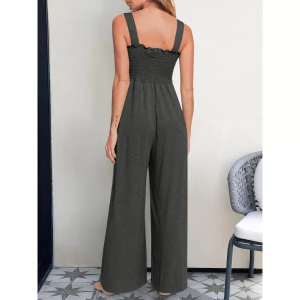 Caracilia Womens Casual Loose Sleeveless Tank Jumpsuits Square Collar Smocked Wide Leg Jumpsuit Rompers with Pockets
