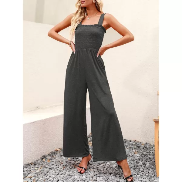 Caracilia Womens Casual Loose Sleeveless Tank Jumpsuits Square Collar Smocked Wide Leg Jumpsuit Rompers with Pockets