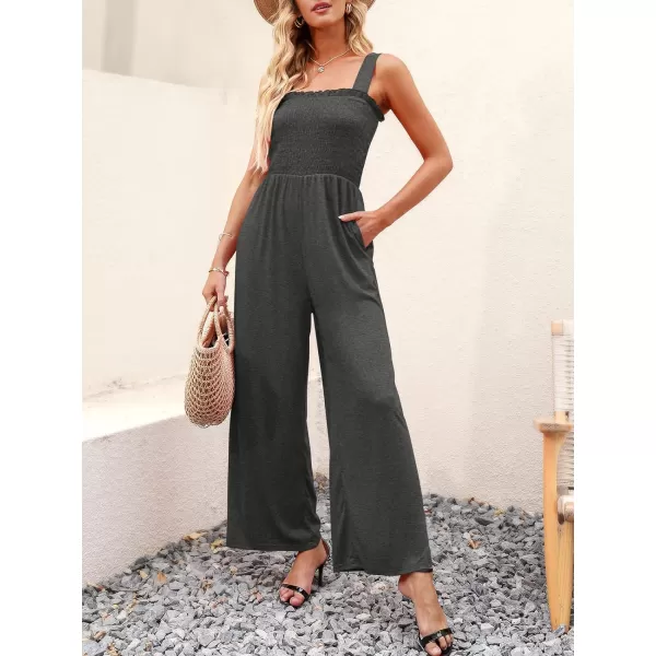 Caracilia Womens Casual Loose Sleeveless Tank Jumpsuits Square Collar Smocked Wide Leg Jumpsuit Rompers with Pockets