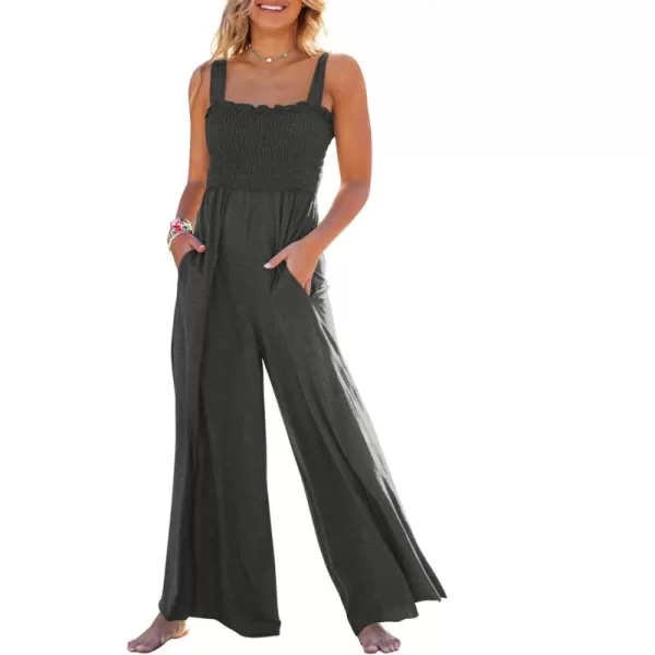 Caracilia Womens Casual Loose Sleeveless Tank Jumpsuits Square Collar Smocked Wide Leg Jumpsuit Rompers with Pockets