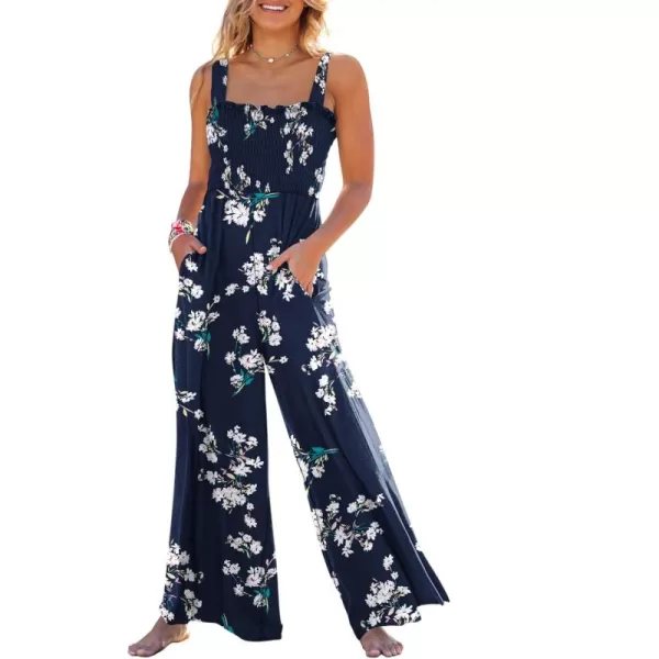 Caracilia Womens Casual Loose Sleeveless Tank Jumpsuits Square Collar Smocked Wide Leg Jumpsuit Rompers with Pockets