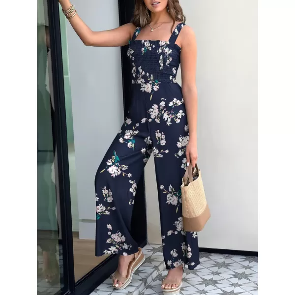 Caracilia Womens Casual Loose Sleeveless Tank Jumpsuits Square Collar Smocked Wide Leg Jumpsuit Rompers with Pockets