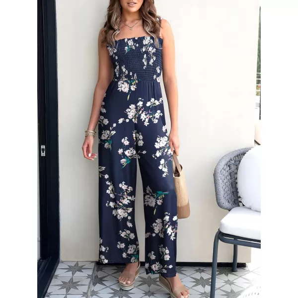 Caracilia Womens Casual Loose Sleeveless Tank Jumpsuits Square Collar Smocked Wide Leg Jumpsuit Rompers with Pockets