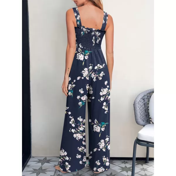 Caracilia Womens Casual Loose Sleeveless Tank Jumpsuits Square Collar Smocked Wide Leg Jumpsuit Rompers with Pockets
