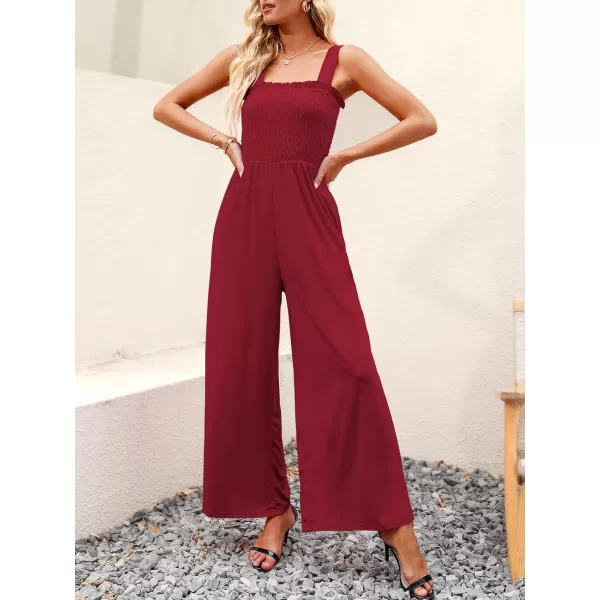 Caracilia Womens Casual Loose Sleeveless Tank Jumpsuits Square Collar Smocked Wide Leg Jumpsuit Rompers with Pockets