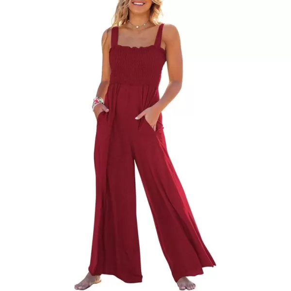 Caracilia Womens Casual Loose Sleeveless Tank Jumpsuits Square Collar Smocked Wide Leg Jumpsuit Rompers with Pockets