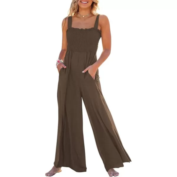 Caracilia Womens Casual Loose Sleeveless Tank Jumpsuits Square Collar Smocked Wide Leg Jumpsuit Rompers with Pockets