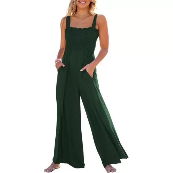 Caracilia Womens Casual Loose Sleeveless Tank Jumpsuits Square Collar Smocked Wide Leg Jumpsuit Rompers with Pockets